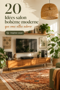 Salon moderne au style boho avec des éléments naturels et des couleurs apaisantes
