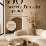 Salon décoré dans le style Japandi avec des éléments naturels et des couleurs neutres.