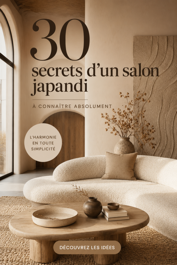 Salon décoré dans le style Japandi avec des éléments naturels et des couleurs neutres.