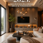 Salon moderne décoré avec des éléments d'éclairage tendance pour 2025