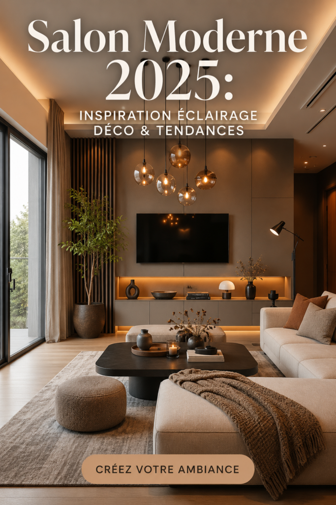 Salon moderne décoré avec des éléments d'éclairage tendance pour 2025