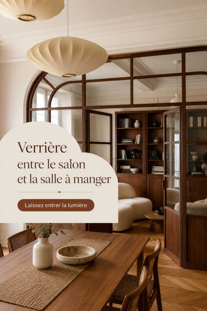 Verrière élégante séparant un salon moderne et une salle à manger chaleureuse