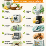Bouteille d'acide citrique sur un plan de travail de cuisine avec des produits de nettoyage naturels.