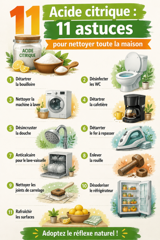 Bouteille d'acide citrique sur un plan de travail de cuisine avec des produits de nettoyage naturels.