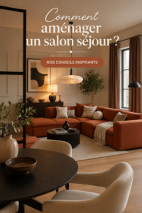 Aménagement d'un salon séjour chaleureux et moderne avec un canapé confortable et de la décoration esthétique.
