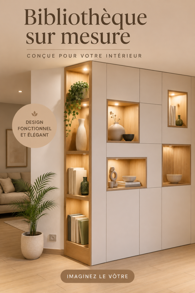 Une belle bibliothèque sur mesure intégrée dans un salon moderne.