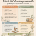 Check-list annuelle en papier sur une table avec des fournitures de ménage