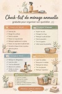Check-list annuelle en papier sur une table avec des fournitures de ménage