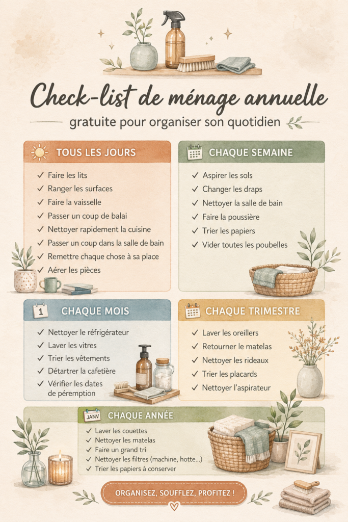 Check-list annuelle en papier sur une table avec des fournitures de ménage