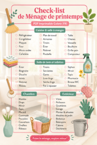 Check-list de ménage de printemps colorée et imprimable sur une table en bois