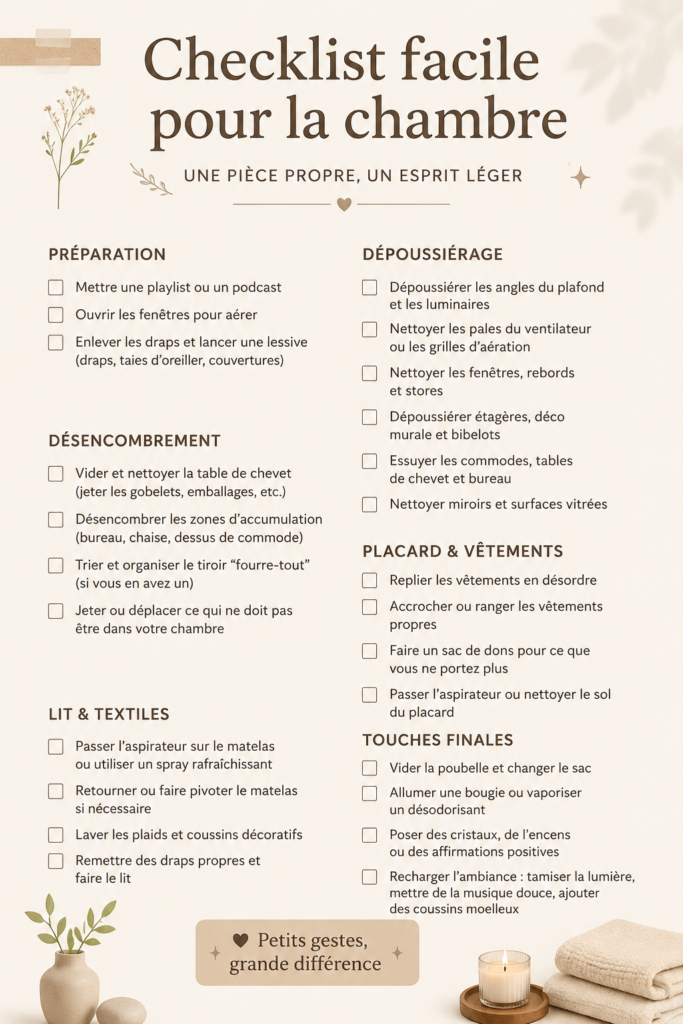 Vue d'une chambre chaleureuse et bien agencée, préparée grâce à une checklist pratique.