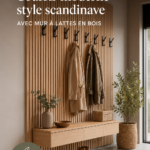 Couloir moderne avec un mur en lattes en bois au style scandinave.