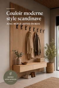 Couloir moderne avec un mur en lattes en bois au style scandinave.