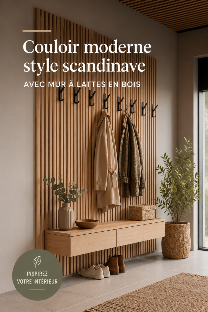 Couloir moderne avec un mur en lattes en bois au style scandinave.
