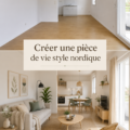 Une pièce de vie au style nordique, avec des meubles en bois clair et des textiles doux, évoquant le confort et la chaleur.