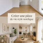 Une pièce de vie au style nordique, avec des meubles en bois clair et des textiles doux, évoquant le confort et la chaleur.