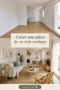 Une pièce de vie au style nordique, avec des meubles en bois clair et des textiles doux, évoquant le confort et la chaleur.