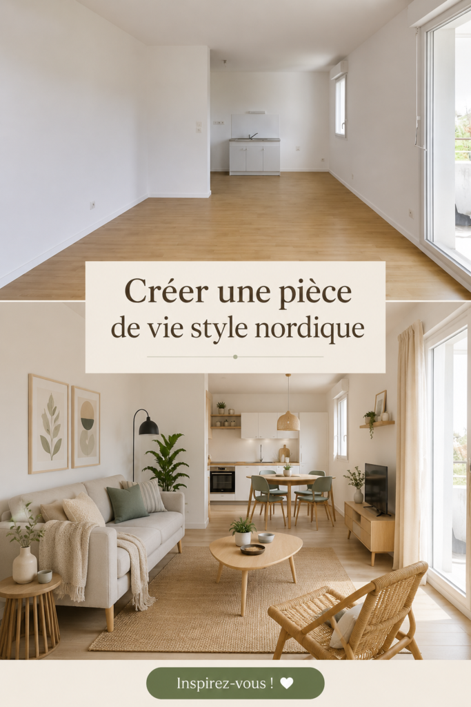 Une pièce de vie au style nordique, avec des meubles en bois clair et des textiles doux, évoquant le confort et la chaleur.