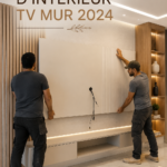 Salon moderne avec un mur TV décoré de manière élégante et accueillante.