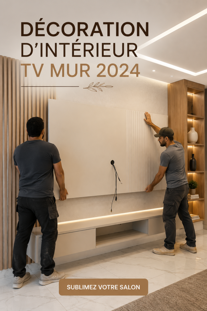 Salon moderne avec un mur TV décoré de manière élégante et accueillante.