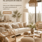 Intérieur apaisant mêlant des éléments scandinaves et californiens, avec des couleurs neutres et des matériaux naturels.