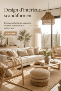 Intérieur apaisant mêlant des éléments scandinaves et californiens, avec des couleurs neutres et des matériaux naturels.
