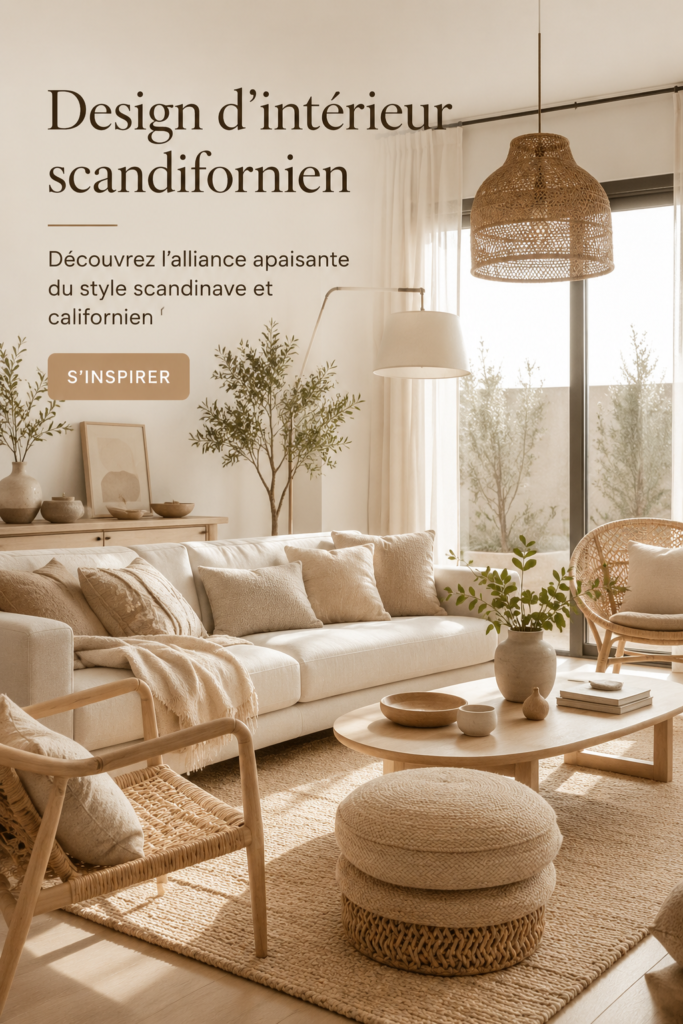 Intérieur apaisant mêlant des éléments scandinaves et californiens, avec des couleurs neutres et des matériaux naturels.
