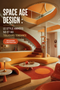 Un salon décoré dans le style Space Age avec des meubles modernes des années 50 et 60.