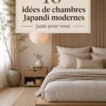Chambre moderne au style Japandi avec meubles en bois et décoration minimaliste.