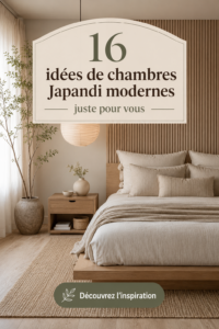 Chambre moderne au style Japandi avec meubles en bois et décoration minimaliste.