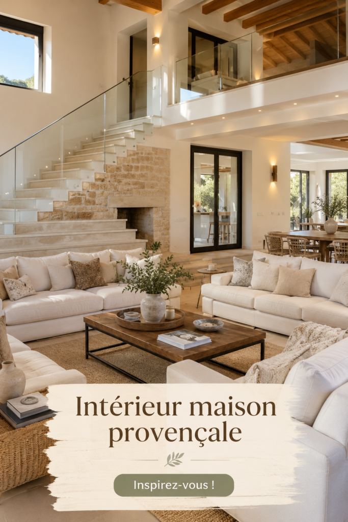Intérieur de maison provençale avec des tons chauds et des éléments naturels.
