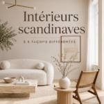 Intérieur scandinave chaleureux avec des meubles en bois clair et des textiles doux.
