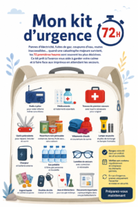 Un kit d'urgence bien organisé avec des fournitures essentielles pour 72 heures.
