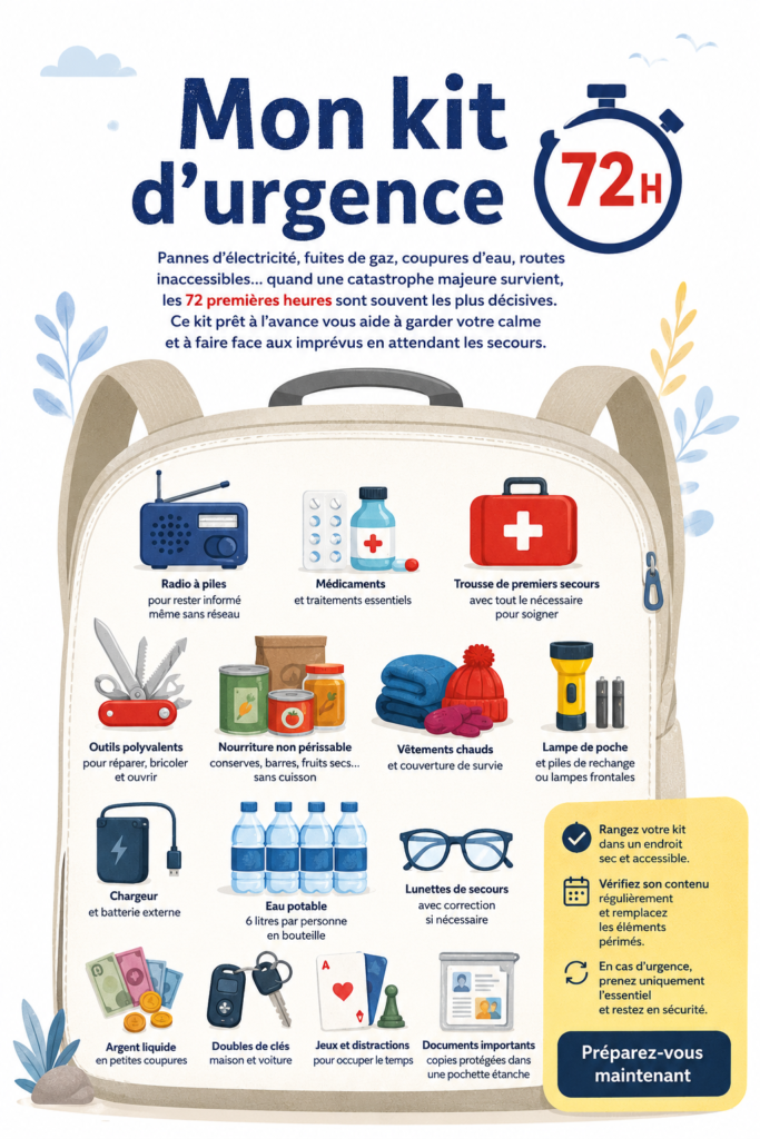 Un kit d'urgence bien organisé avec des fournitures essentielles pour 72 heures.