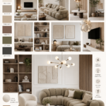 Mood board avec des échantillons de tissus et couleurs pour un salon contemporain