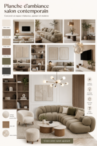 Mood board avec des échantillons de tissus et couleurs pour un salon contemporain