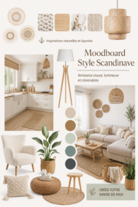 Moodboard inspirant sur un style scandinave avec des couleurs pastel et des textures naturelles.