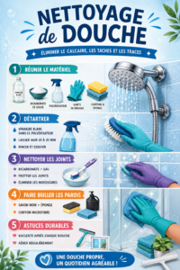 Vue d'une douche propre et éclatante après nettoyage.