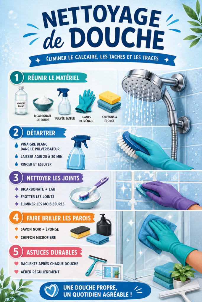 Vue d'une douche propre et éclatante après nettoyage.