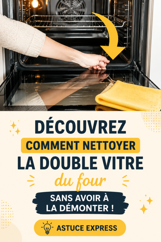Une femme nettoyant la double vitre de son four avec un produit ménager, méthode facile et pratique