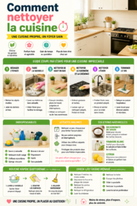 Cuisine propre et bien organisée avec des produits de nettoyage au premier plan