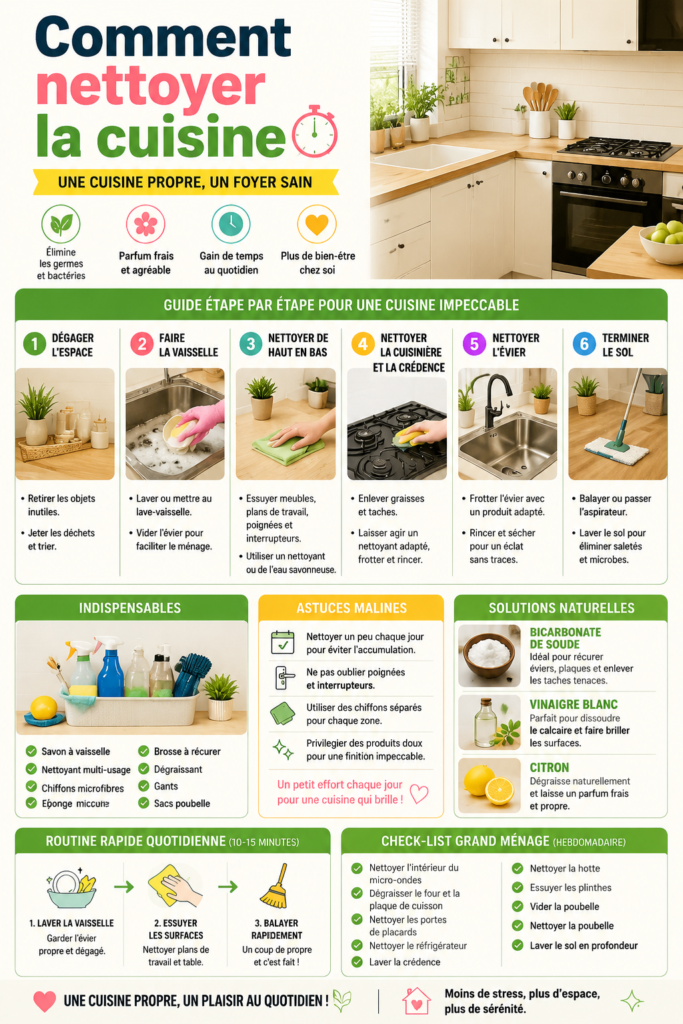 Cuisine propre et bien organisée avec des produits de nettoyage au premier plan