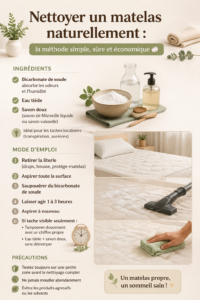 Femme nettoyant un matelas naturellement avec du bicarbonate de soude