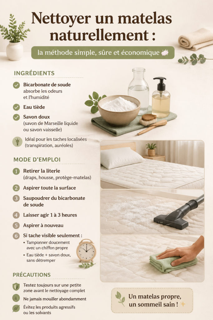 Femme nettoyant un matelas naturellement avec du bicarbonate de soude
