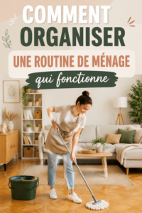 Femme heureuse en train de nettoyer un salon lumineux et bien rangé.