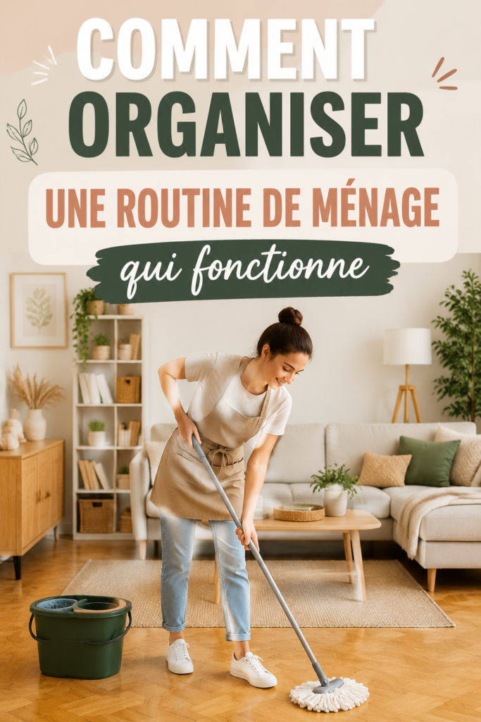 Femme heureuse en train de nettoyer un salon lumineux et bien rangé.