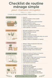 Une maman occupée utilisant une checklist de ménage simple dans sa cuisine.