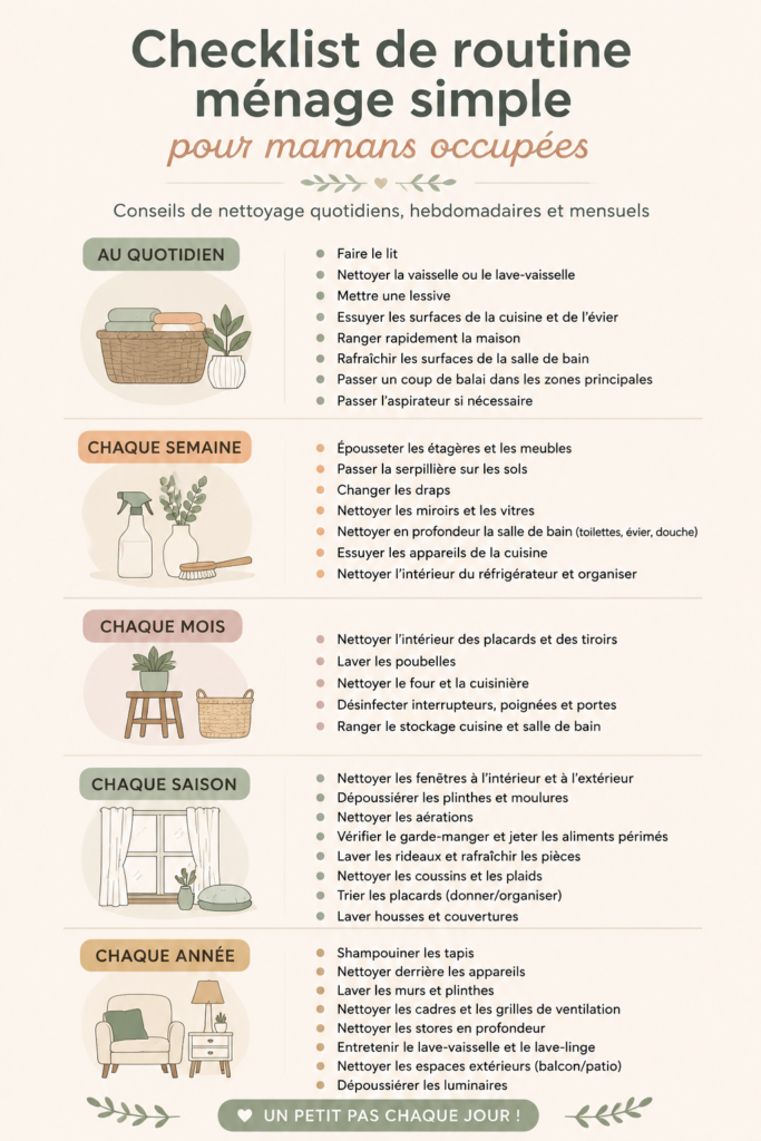 Une maman occupée utilisant une checklist de ménage simple dans sa cuisine.