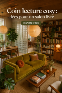 Salon cosy avec coin lecture confortable sur un tapis moelleux et des coussins en vrac.