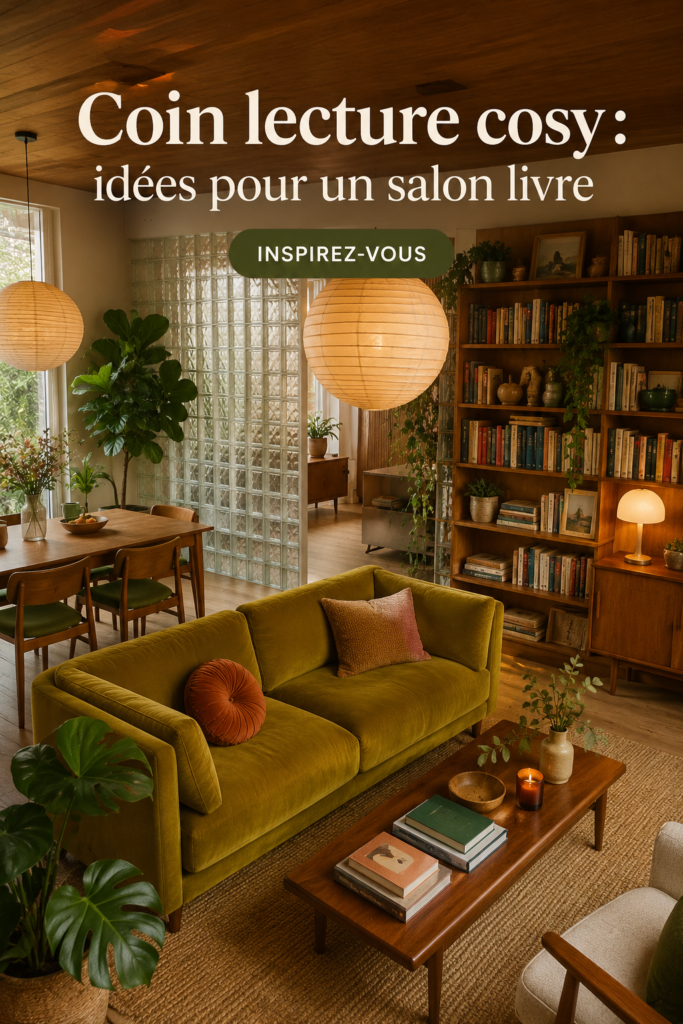 Salon cosy avec coin lecture confortable sur un tapis moelleux et des coussins en vrac.